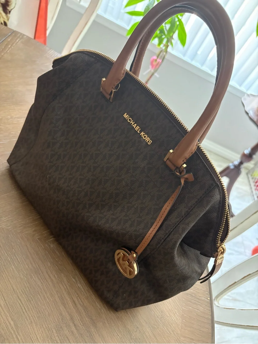 Michael Kors Brown MK Signature Satchel with Tan Handles